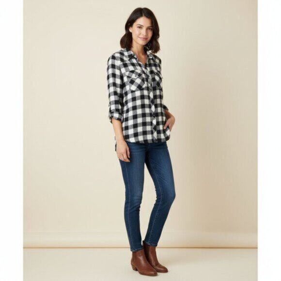 Anthropologie Ash & Ember Button Down Front Shirt Flannel Plaid Black Size Small - Picture 3 of 14